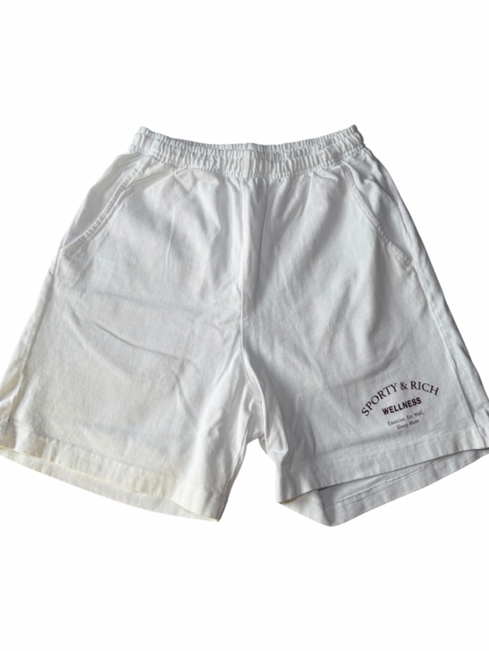 Sporty & Rich White ‘Wellness’ Cotton Shorts with Burgundy Logo